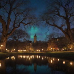 A mystical college campus adorned with floating lanterns, ancient trees radiating ethereal lights, fringed by gothic architecture and the sky painted with enchanted auroras.