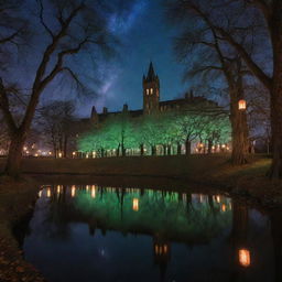 A mystical college campus adorned with floating lanterns, ancient trees radiating ethereal lights, fringed by gothic architecture and the sky painted with enchanted auroras.