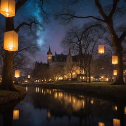 A mystical college campus adorned with floating lanterns, ancient trees radiating ethereal lights, fringed by gothic architecture and the sky painted with enchanted auroras.