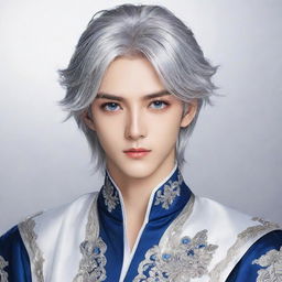 A handsome manhwa prince with striking blue eyes and lustrous silver hair, elegantly poised in royal attire.