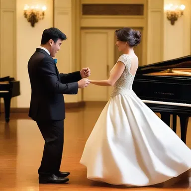 The couple danced to the soft and melodious piano music during their romantic date.