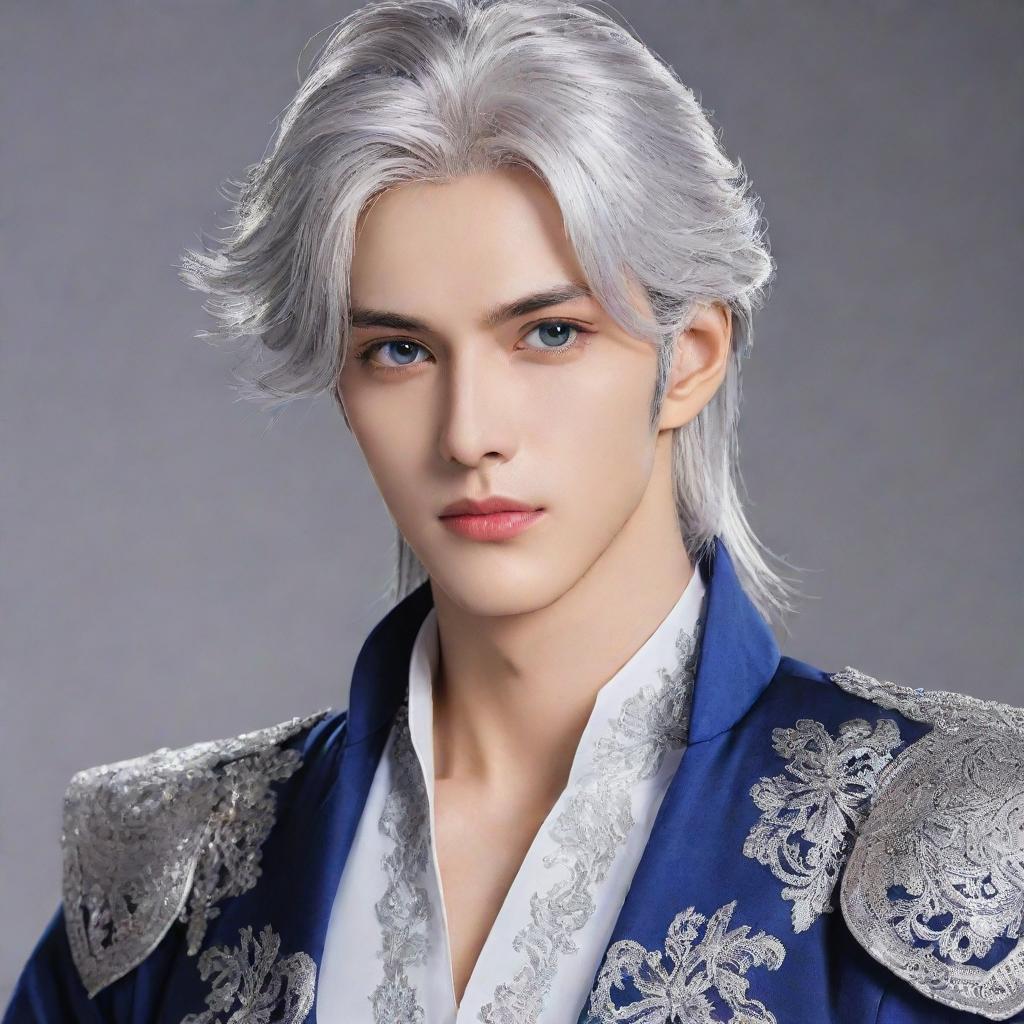 A handsome manhwa prince with striking blue eyes and lustrous silver hair, elegantly poised in royal attire.