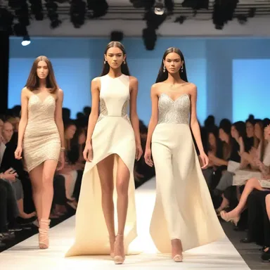 The runway models showcased the latest designer outfits while piano music filled the air at the fashion show.