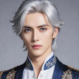 A handsome manhwa prince with striking blue eyes and lustrous silver hair, elegantly poised in royal attire.