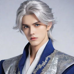 A handsome manhwa prince with striking blue eyes and lustrous silver hair, elegantly poised in royal attire.