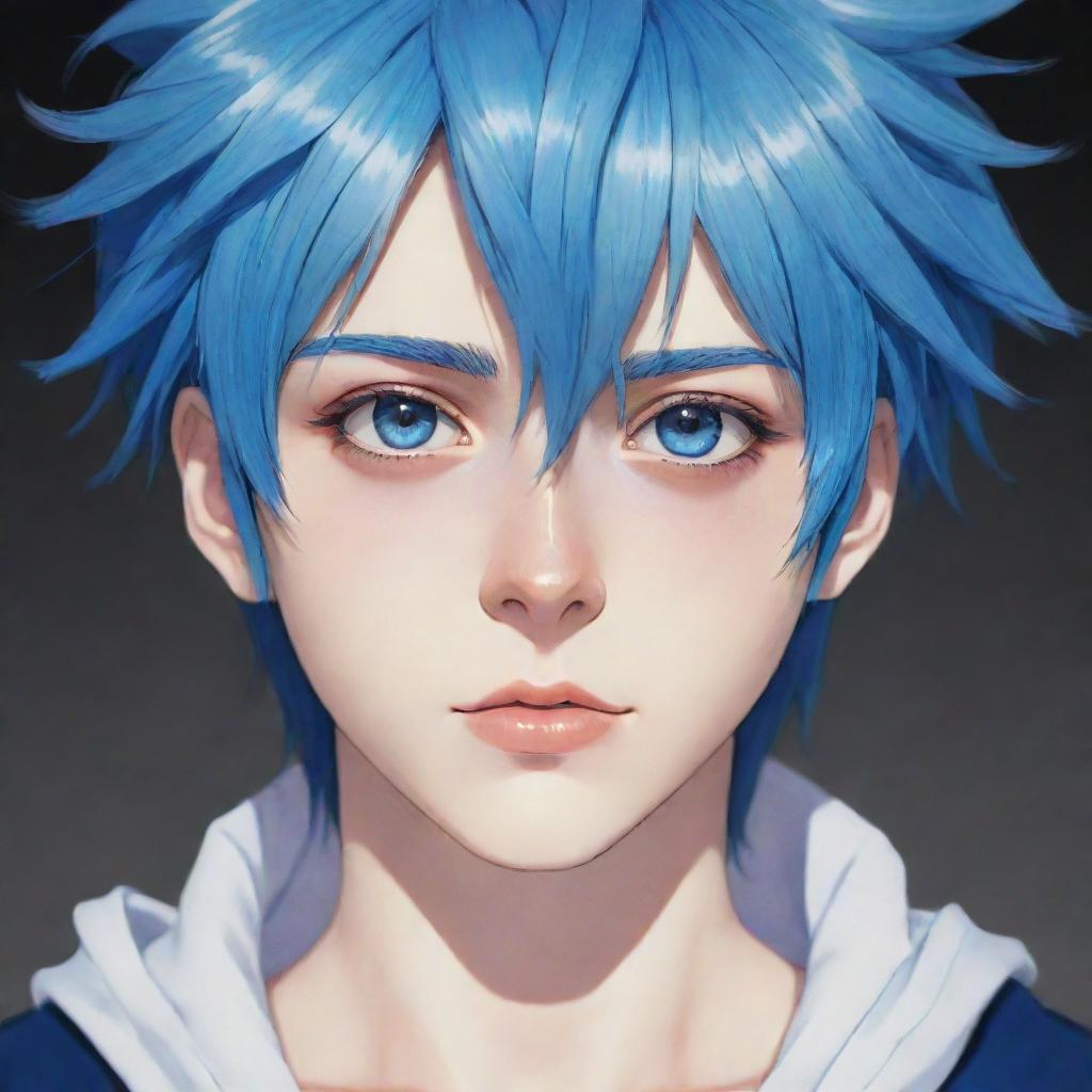 Anime boy with striking blue eyes and blue hair, in a detailed anime style.