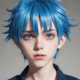 Anime boy with striking blue eyes and blue hair, in a detailed anime style.