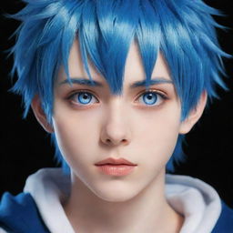 Anime boy with striking blue eyes and blue hair, in a detailed anime style.