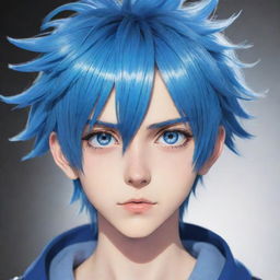 Anime boy with striking blue eyes and blue hair, in a detailed anime style.