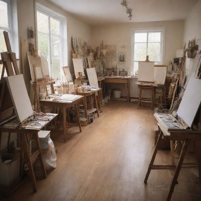 A loosely-sketch perspective drawing of an art studio filled with easels, paints, brushes, canvases, artful clutter, with a warm and inspiring atmosphere.