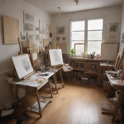 A loosely-sketch perspective drawing of an art studio filled with easels, paints, brushes, canvases, artful clutter, with a warm and inspiring atmosphere.