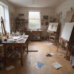 A loosely-sketch perspective drawing of an art studio filled with easels, paints, brushes, canvases, artful clutter, with a warm and inspiring atmosphere.