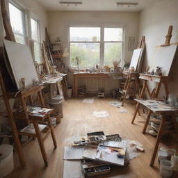 A loosely-sketch perspective drawing of an art studio filled with easels, paints, brushes, canvases, artful clutter, with a warm and inspiring atmosphere.