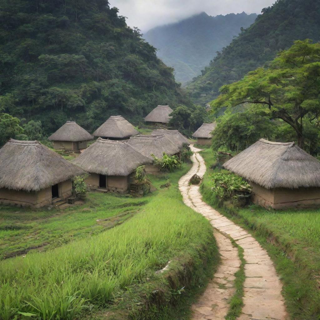 An ancient, serene village devoid of any modern technology, nestled amidst lush greenery, with thatched huts, cobblestone paths, and villagers engaged in traditional activities.