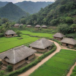 An ancient, serene village devoid of any modern technology, nestled amidst lush greenery, with thatched huts, cobblestone paths, and villagers engaged in traditional activities.