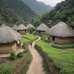 An ancient, serene village devoid of any modern technology, nestled amidst lush greenery, with thatched huts, cobblestone paths, and villagers engaged in traditional activities.