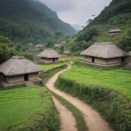 An ancient, serene village devoid of any modern technology, nestled amidst lush greenery, with thatched huts, cobblestone paths, and villagers engaged in traditional activities.