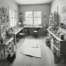 A sketch of an artist's studio viewed from a unique perspective, highlighting the workspace, art supplies, and works in progress.