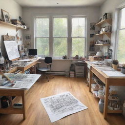 A sketch of an artist's studio viewed from a unique perspective, highlighting the workspace, art supplies, and works in progress.