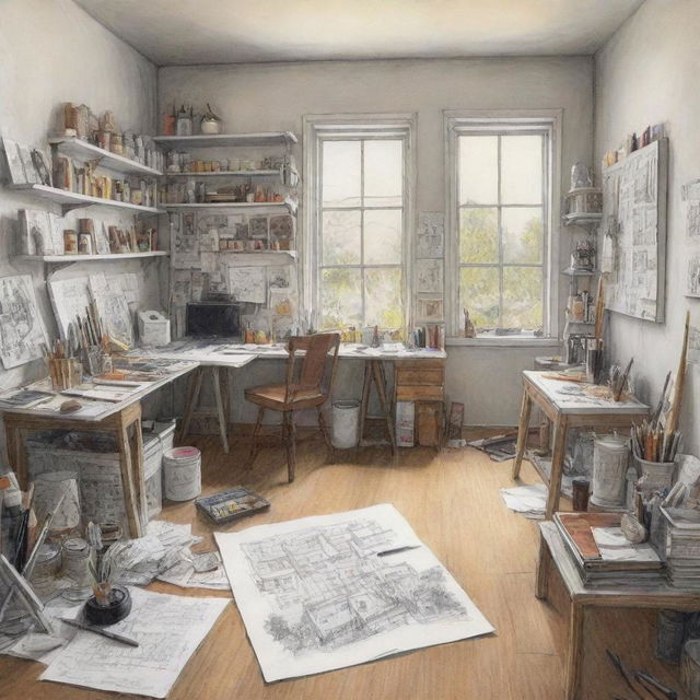 A sketch of an artist's studio viewed from a unique perspective, highlighting the workspace, art supplies, and works in progress.