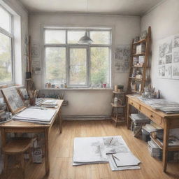 A sketch of an artist's studio viewed from a unique perspective, highlighting the workspace, art supplies, and works in progress.