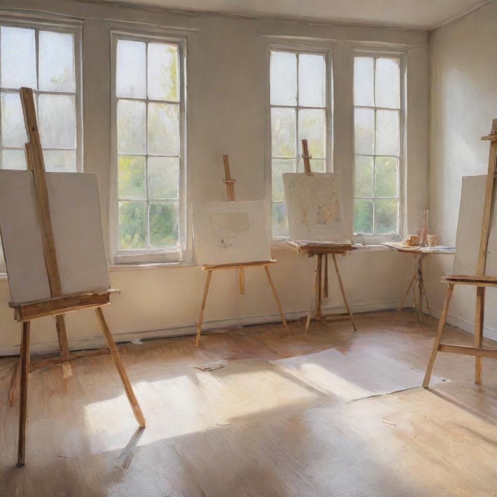 An artistic sketch of a well-lit art studio, featuring easels with unfinished paintings, scattered brushes, and a large window providing plenty of natural light. Drawn in perspective to highlight depth and dimension.