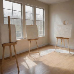 An artistic sketch of a well-lit art studio, featuring easels with unfinished paintings, scattered brushes, and a large window providing plenty of natural light. Drawn in perspective to highlight depth and dimension.