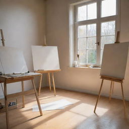 An artistic sketch of a well-lit art studio, featuring easels with unfinished paintings, scattered brushes, and a large window providing plenty of natural light. Drawn in perspective to highlight depth and dimension.