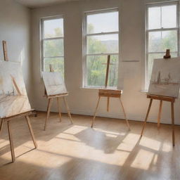 An artistic sketch of a well-lit art studio, featuring easels with unfinished paintings, scattered brushes, and a large window providing plenty of natural light. Drawn in perspective to highlight depth and dimension.