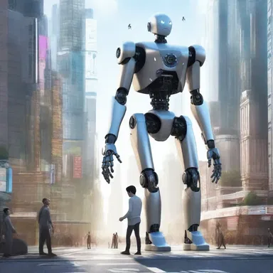 In the futuristic city, humans and robots get along seamlessly, working together to build a better world.