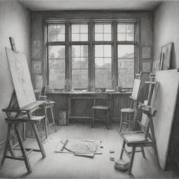 A meticulously detailed sketch showing an art studio from a dramatic perspective. Visible elements include easels with drawing papers, scattered drawing tools, a large window illumining the room, and nuanced shading to emphasize depth.