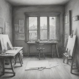 A meticulously detailed sketch showing an art studio from a dramatic perspective. Visible elements include easels with drawing papers, scattered drawing tools, a large window illumining the room, and nuanced shading to emphasize depth.