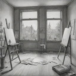 A meticulously detailed sketch showing an art studio from a dramatic perspective. Visible elements include easels with drawing papers, scattered drawing tools, a large window illumining the room, and nuanced shading to emphasize depth.