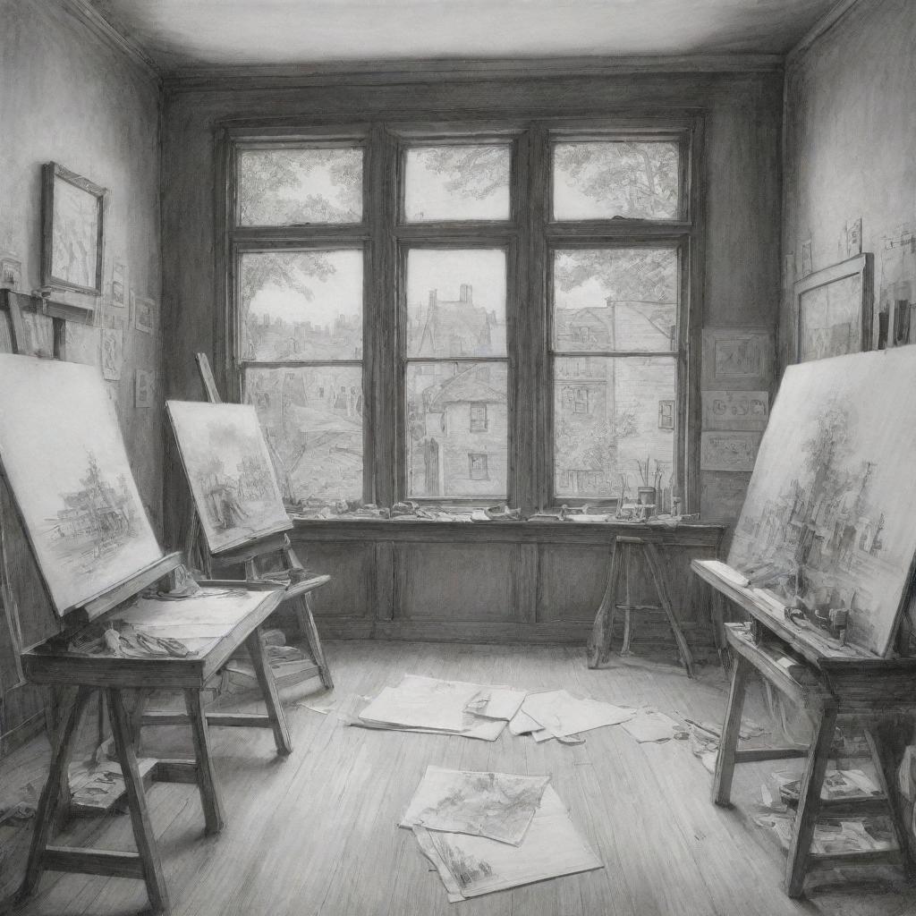 A meticulously detailed sketch showing an art studio from a dramatic perspective. Visible elements include easels with drawing papers, scattered drawing tools, a large window illumining the room, and nuanced shading to emphasize depth.