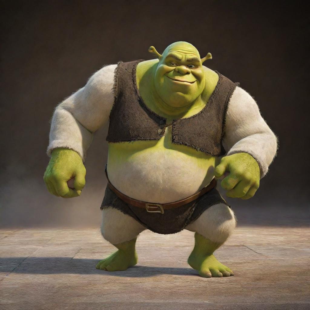 Shrek, the beloved ogre, is seen in a dynamic pose, charging forward full force with an expression of determination