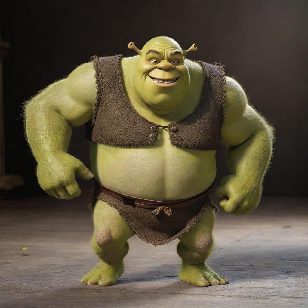 Shrek, the beloved ogre, is seen in a dynamic pose, charging forward full force with an expression of determination