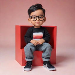 3D profile image of a boy in a black casual outfit and transparent glasses, seated on an adorable Instagram logo box. The background features a large, red Instagram profile inscribed with 'Tahajuddin Sk'. The boy is looking straight ahead.