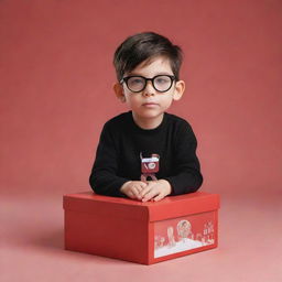 3D profile image of a boy in a black casual outfit and transparent glasses, seated on an adorable Instagram logo box. The background features a large, red Instagram profile inscribed with 'Tahajuddin Sk'. The boy is looking straight ahead.