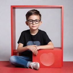 3D profile image of a boy in a black casual outfit and transparent glasses, seated on an adorable Instagram logo box. The background features a large, red Instagram profile inscribed with 'Tahajuddin Sk'. The boy is looking straight ahead.