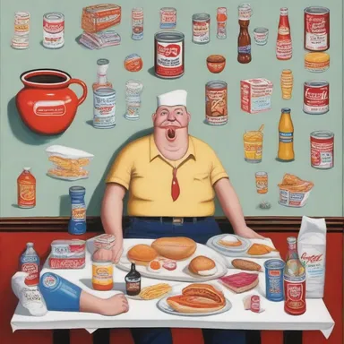The artist created a satirical painting that serves as a parody of modern consumer culture, depicting exaggerated stereotypes and symbols.