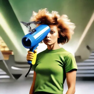 In the parody of science fiction films, the protagonist battles aliens with a hairdryer instead of a ray gun.