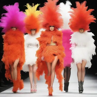 The fashion parody show mocks the excessive use of feathers on the runway by presenting models wearing oversized feather dusters as hats.