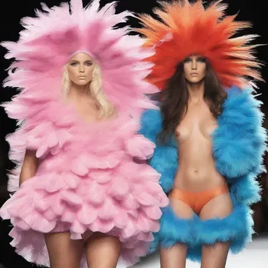 The fashion parody show mocks the excessive use of feathers on the runway by presenting models wearing oversized feather dusters as hats.