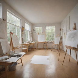 A masterful sketch featuring an art studio captured from a unique perspective. The two walls of the room are entirely made out of glass, creating a luminous environment. Inside, easels support drawing papers, and various art tools are scattered about.