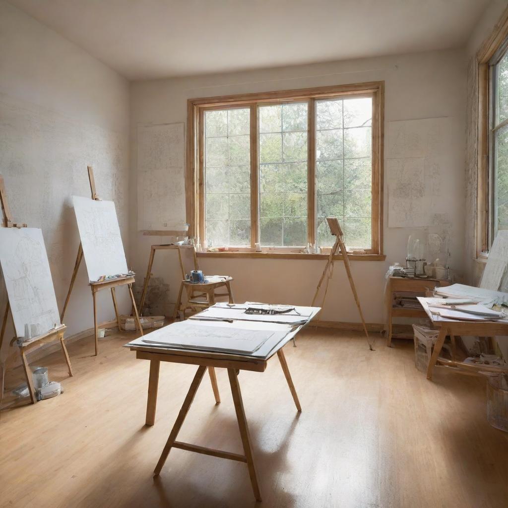 A masterful sketch featuring an art studio captured from a unique perspective. The two walls of the room are entirely made out of glass, creating a luminous environment. Inside, easels support drawing papers, and various art tools are scattered about.