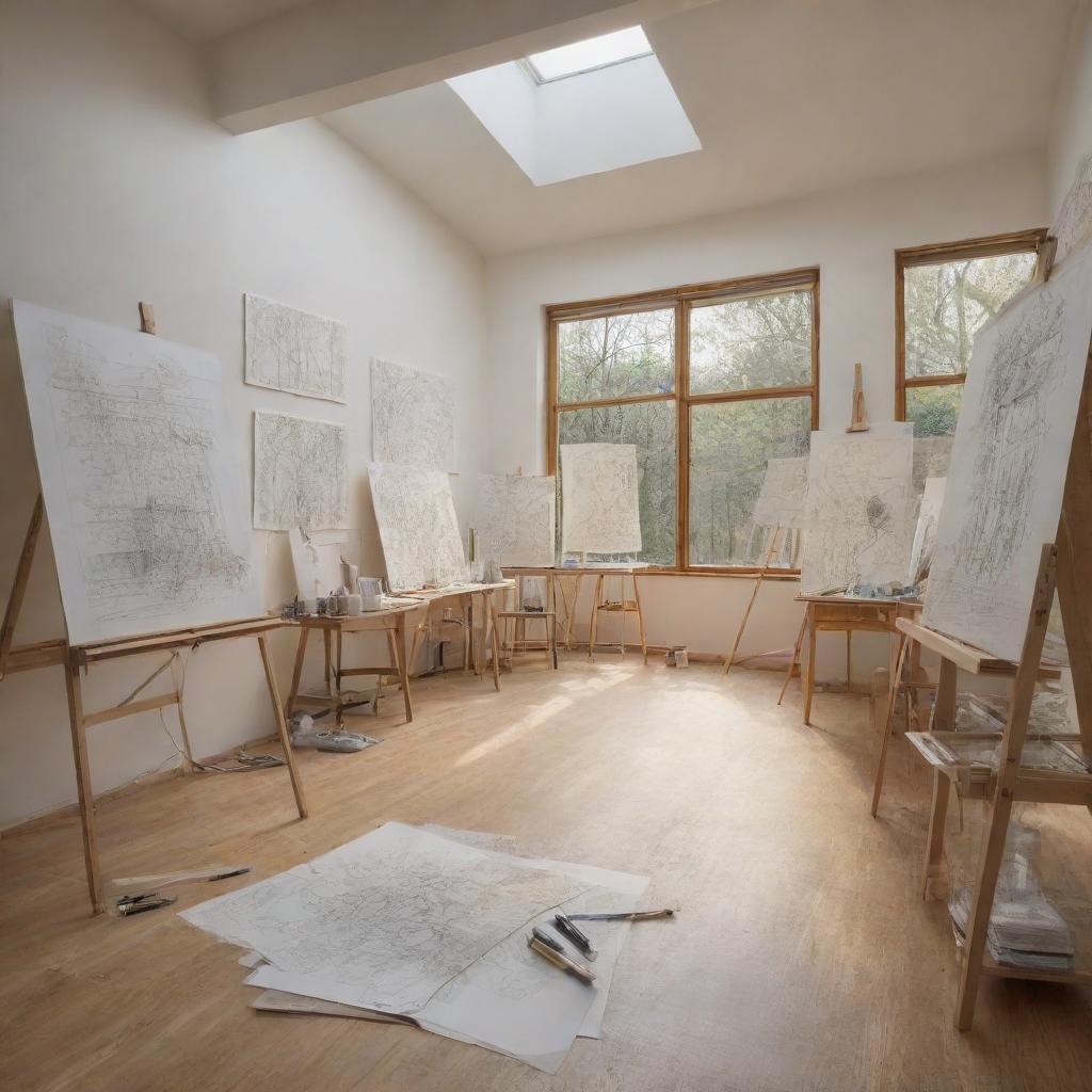 A masterful sketch featuring an art studio captured from a unique perspective. The two walls of the room are entirely made out of glass, creating a luminous environment. Inside, easels support drawing papers, and various art tools are scattered about.