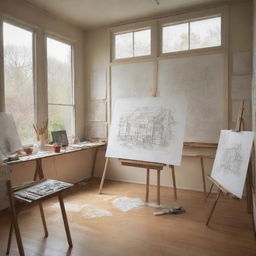 A masterful sketch featuring an art studio captured from a unique perspective. The two walls of the room are entirely made out of glass, creating a luminous environment. Inside, easels support drawing papers, and various art tools are scattered about.