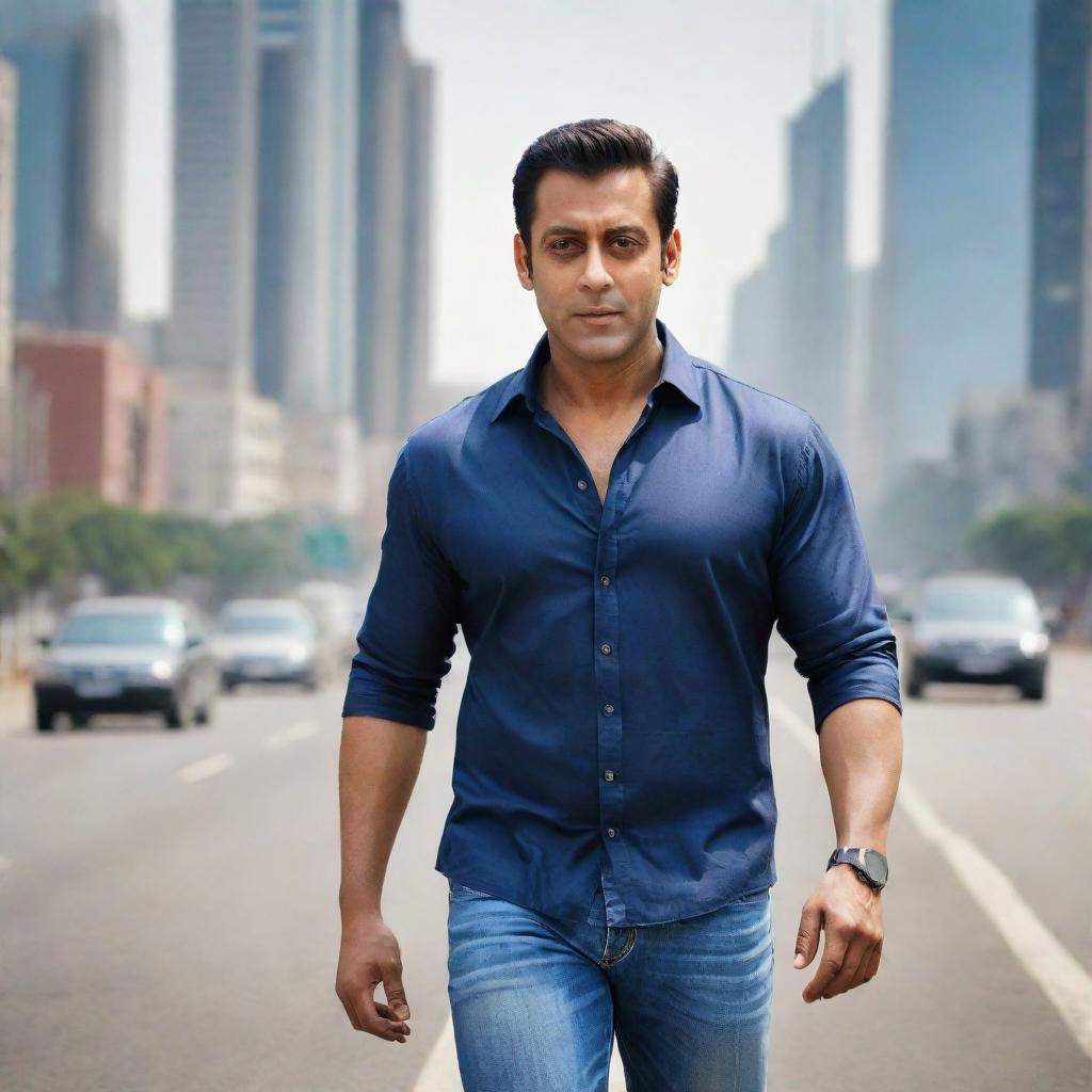 A realistic rendition of Salman Khan, a well-known Bollywood actor, posing on an open road during daytime, against a backdrop of cityscape.