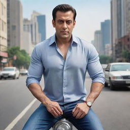 A realistic rendition of Salman Khan, a well-known Bollywood actor, posing on an open road during daytime, against a backdrop of cityscape.