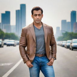 A realistic rendition of Salman Khan, a well-known Bollywood actor, posing on an open road during daytime, against a backdrop of cityscape.